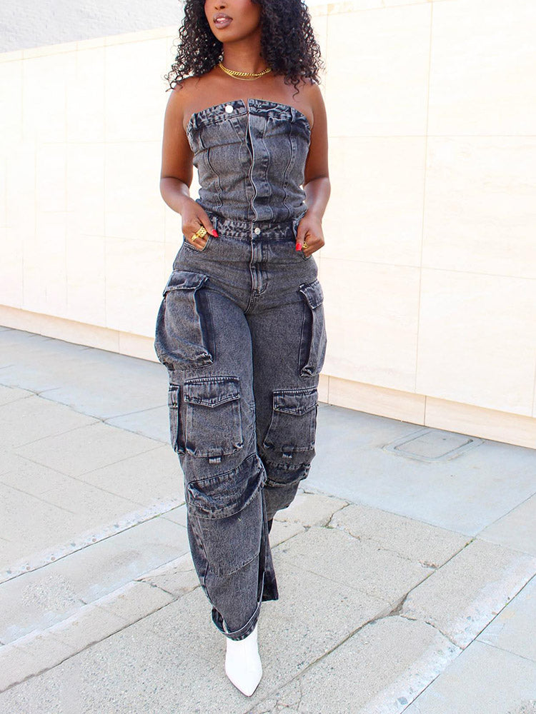 Denim Strapless Cargo Jumpsuit Iridescent / XL
