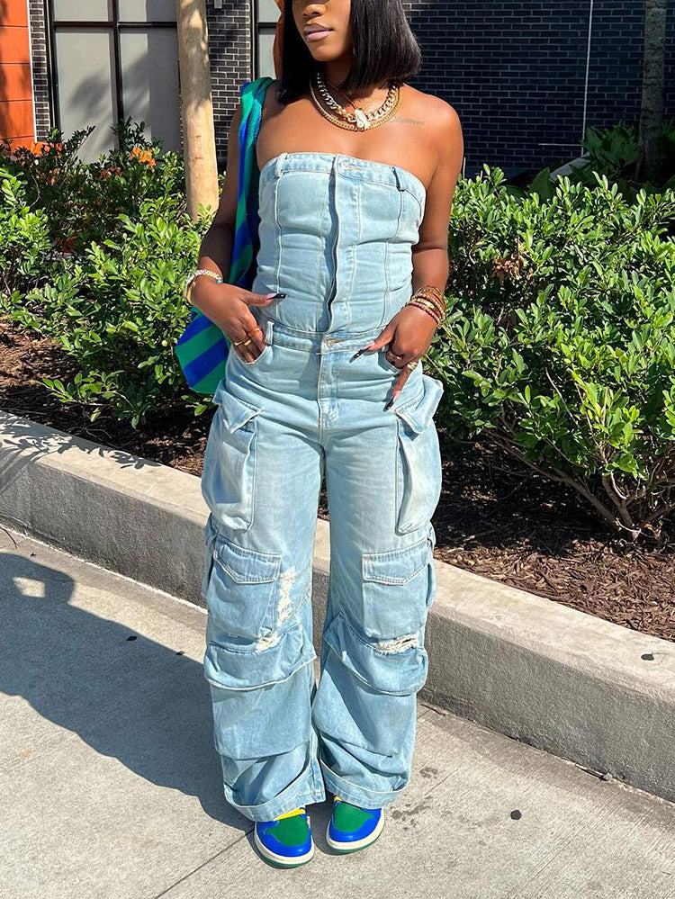 Denim Strapless Cargo Jumpsuit Blue / L