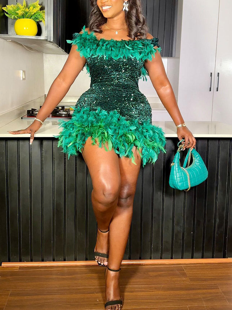 Sequin Feather Party Dress Green / M
