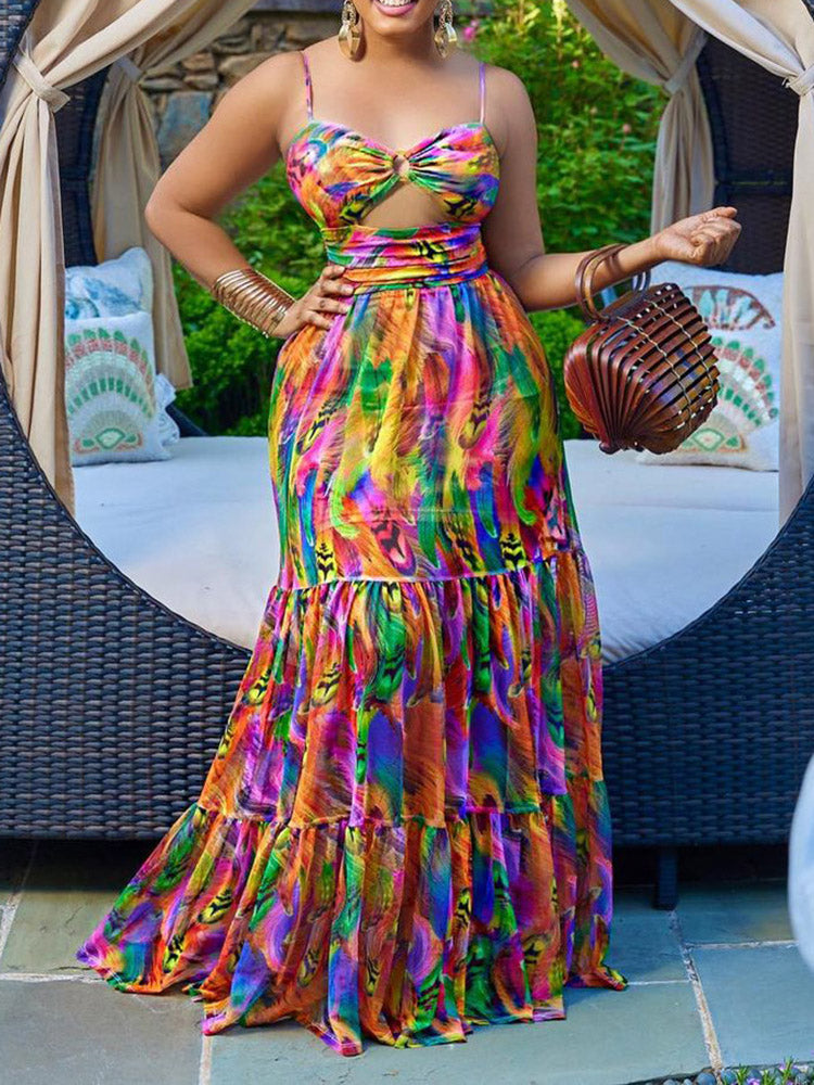 Print Cutout Spaghetti Strap Dresses Yellow / S
