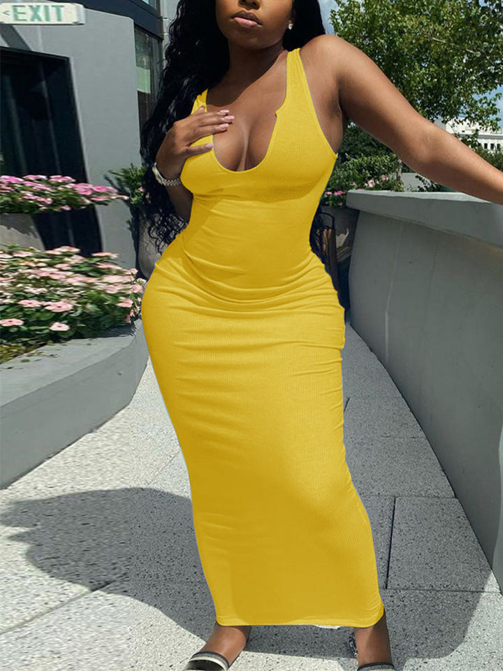 Scoop Neck Ribbed Maxi Dress Black / L