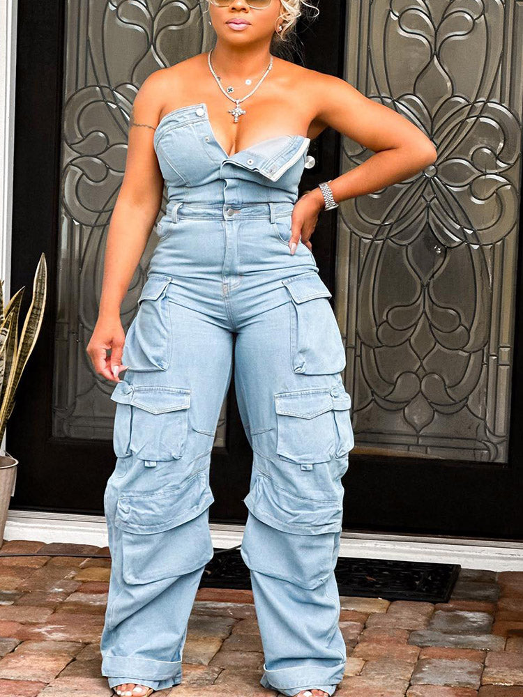 Denim Strapless Cargo Jumpsuit Blue / XL