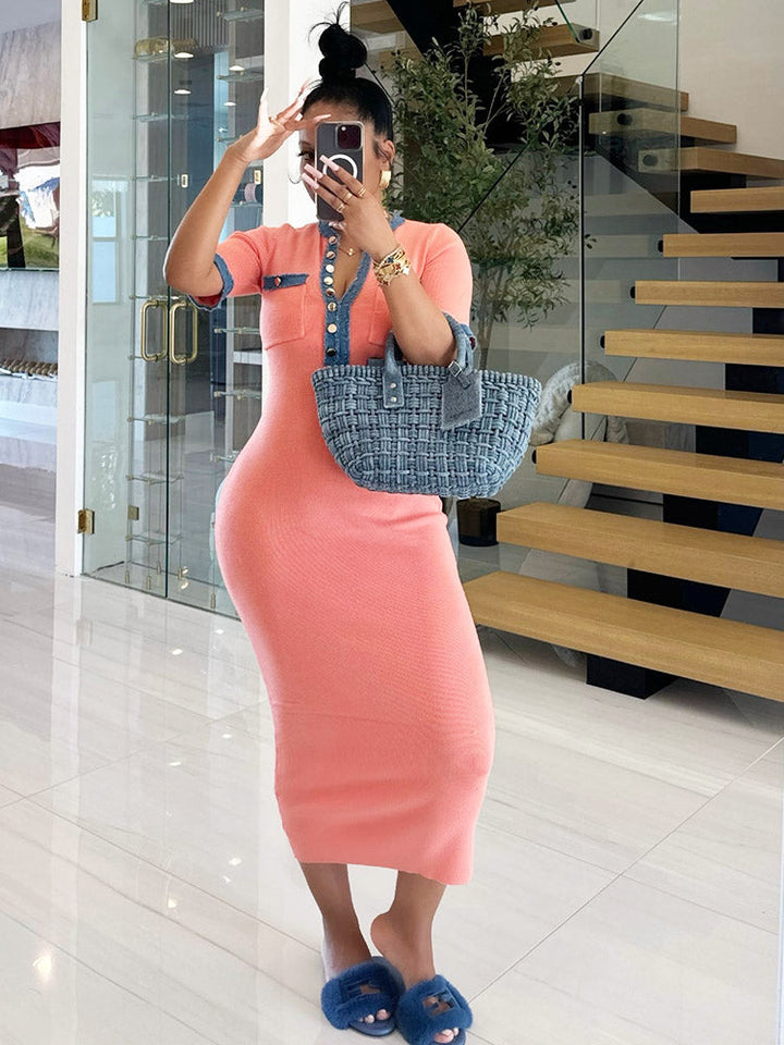 Denim-Trimmed Bodycon Midi Dress Peach / L