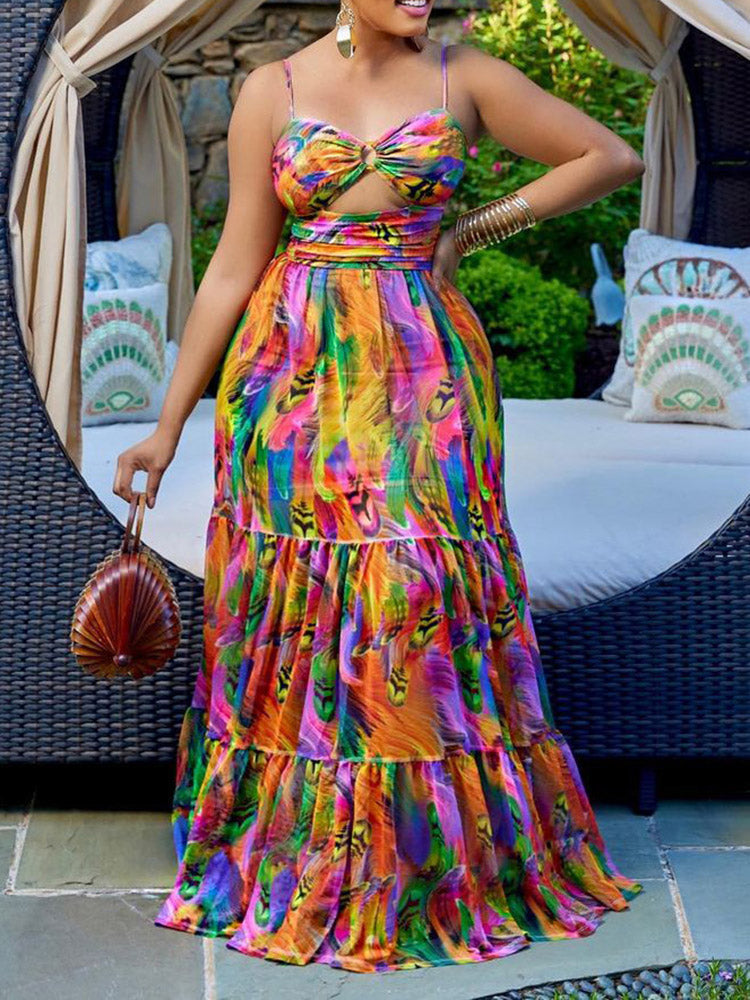 Print Cutout Spaghetti Strap Dresses Yellow / M
