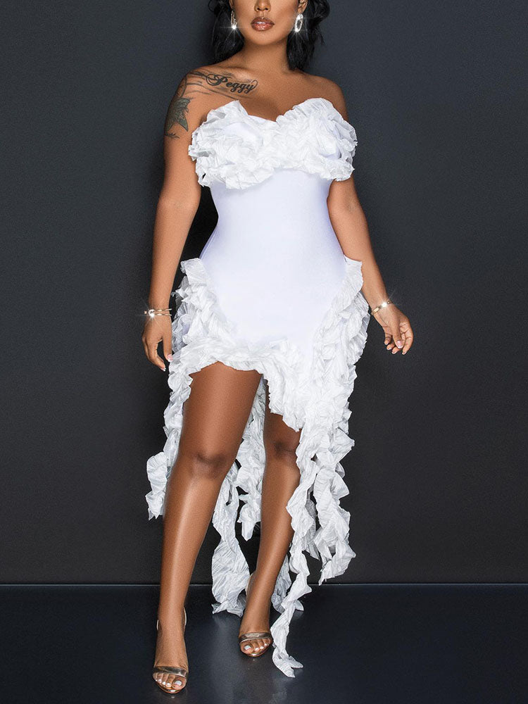 Strapless Irregular Ruffle Dress Black / L
