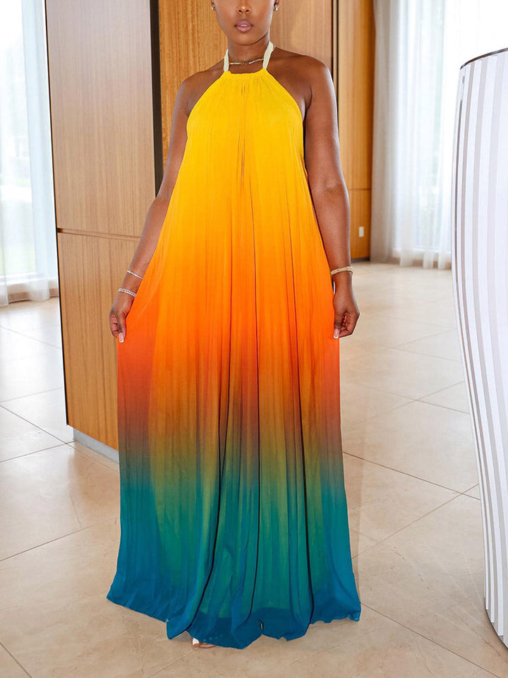 Ombre Pleated Backless Maxi Dress Multicolor / XL