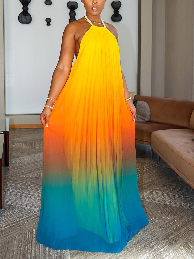 Ombre Pleated Backless Maxi Dress Multicolor / L