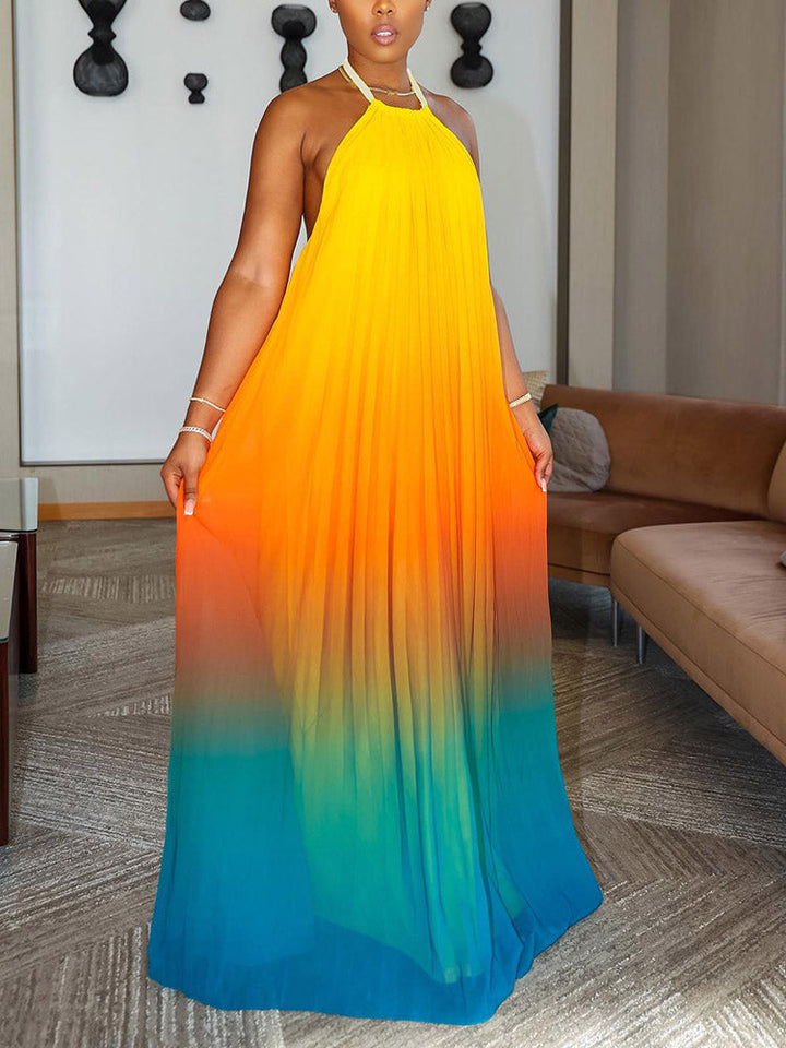 Ombre Pleated Backless Maxi Dress Multicolor / L