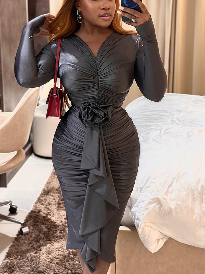 Ruched Rose Drape Dress Gray* / M
