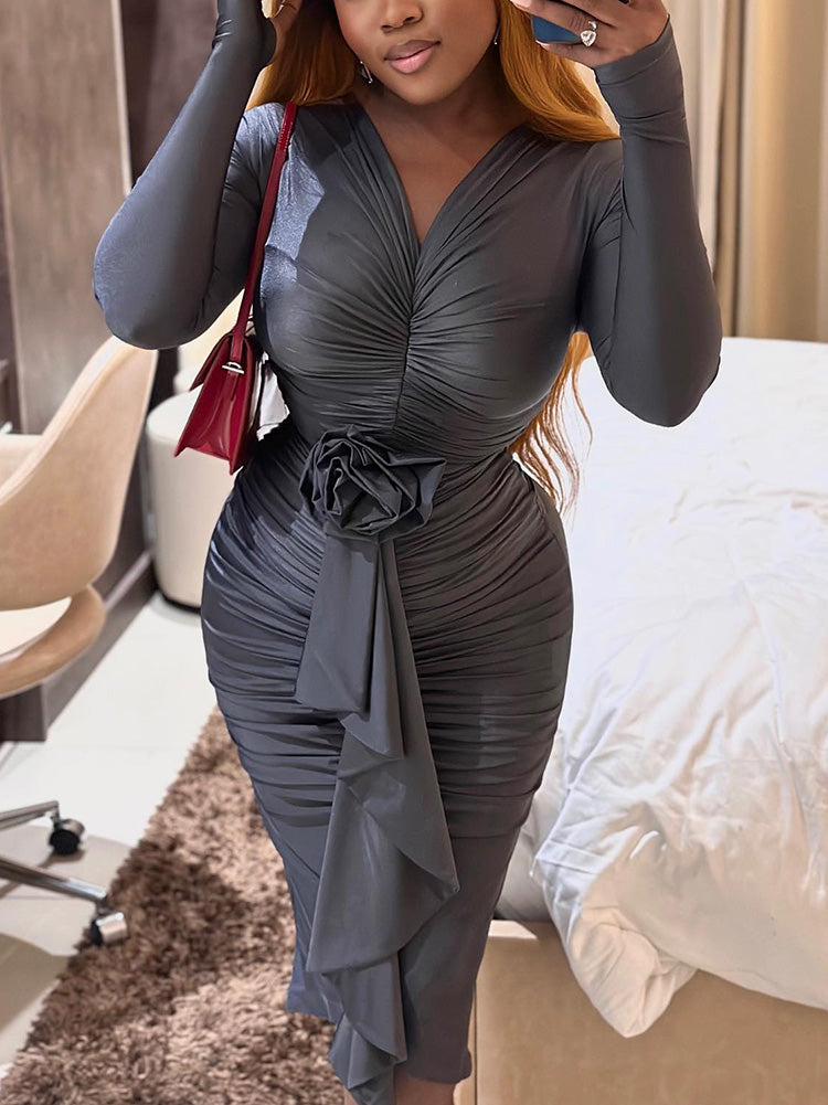 Ruched Rose Drape Dress Gray* / L