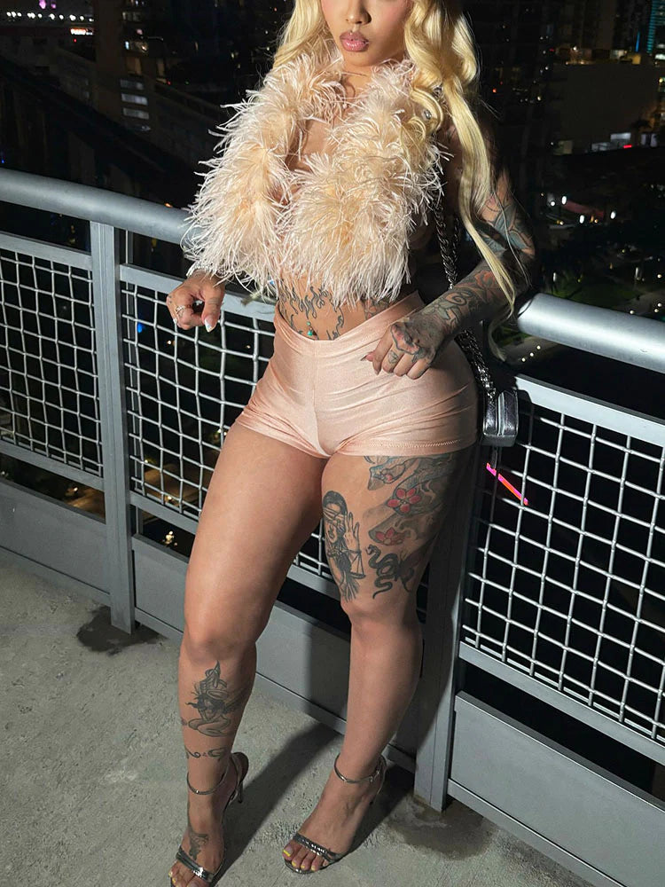 Feather-Trimmed Top & Satin Shorts Set
