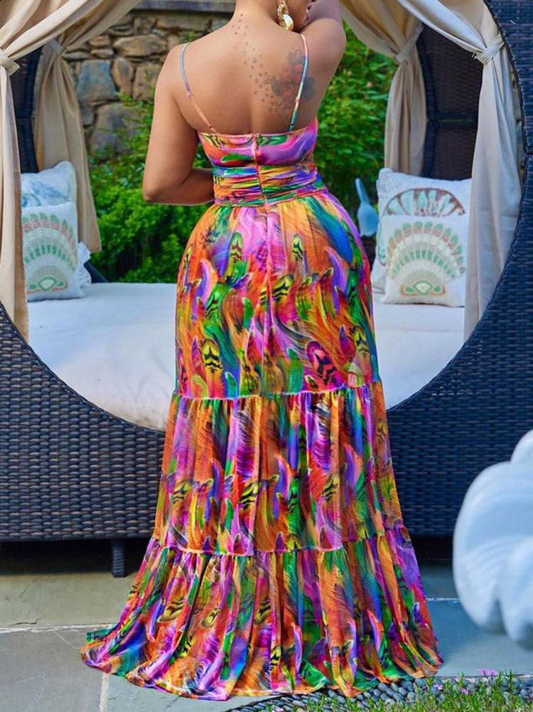 Print Cutout Spaghetti Strap Dresses Yellow / L