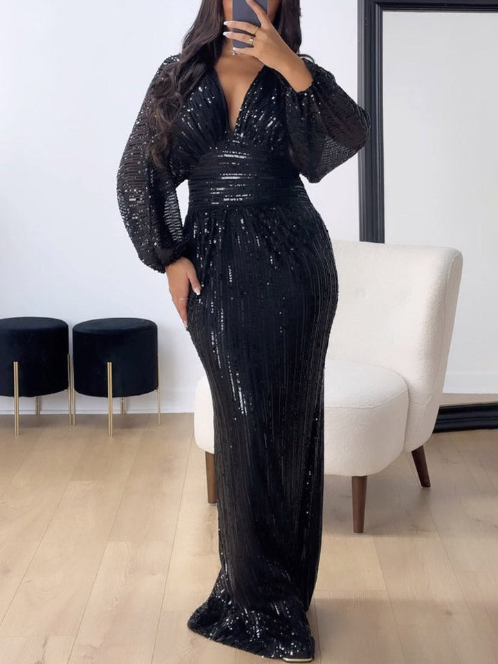 Sequin Puffed Sleeves Party Dress Black / XL