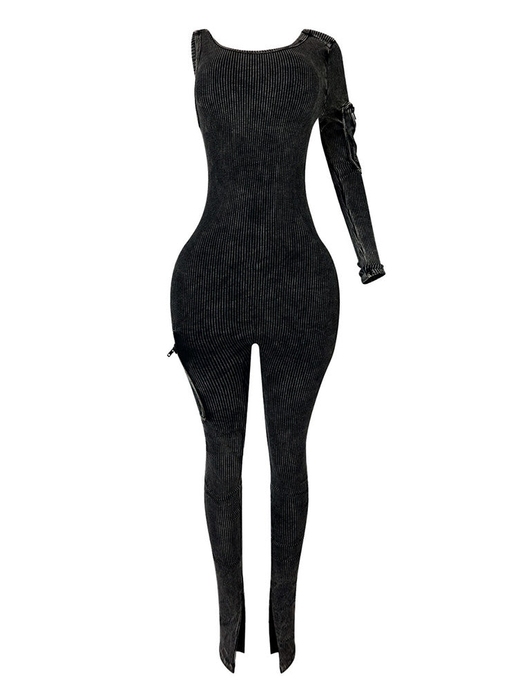 One-Shoulder Washed Jumpsuit *Blue / S