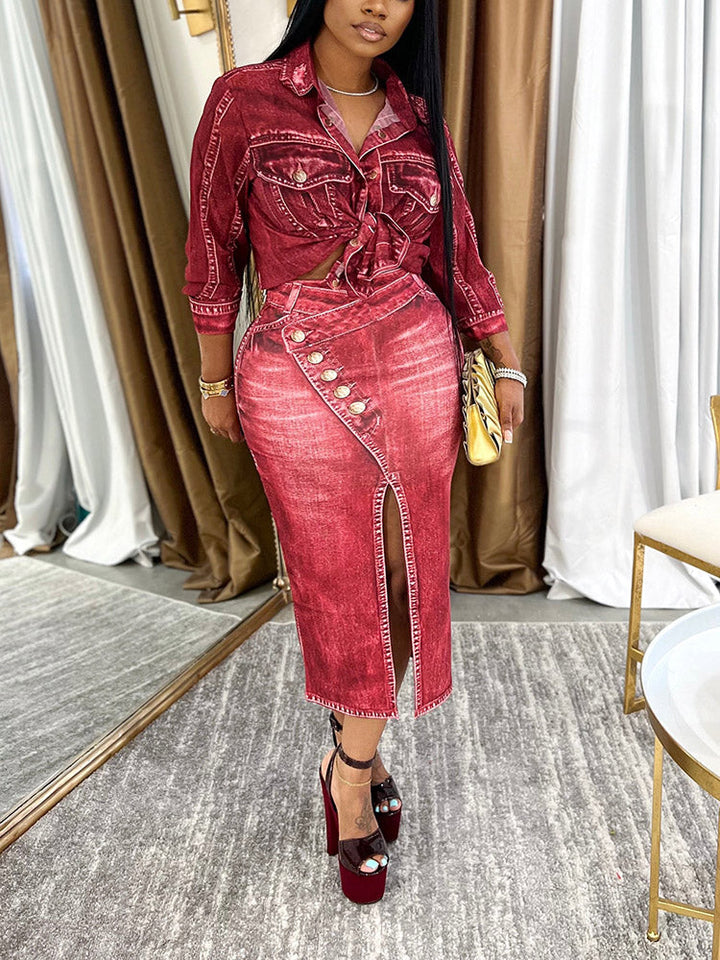 Denim Print Shirt & Skirt Set *Blue / XL