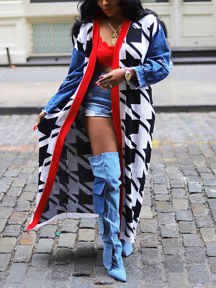 Denim Sleeve Houndstooth Cardigan Multicolor / M