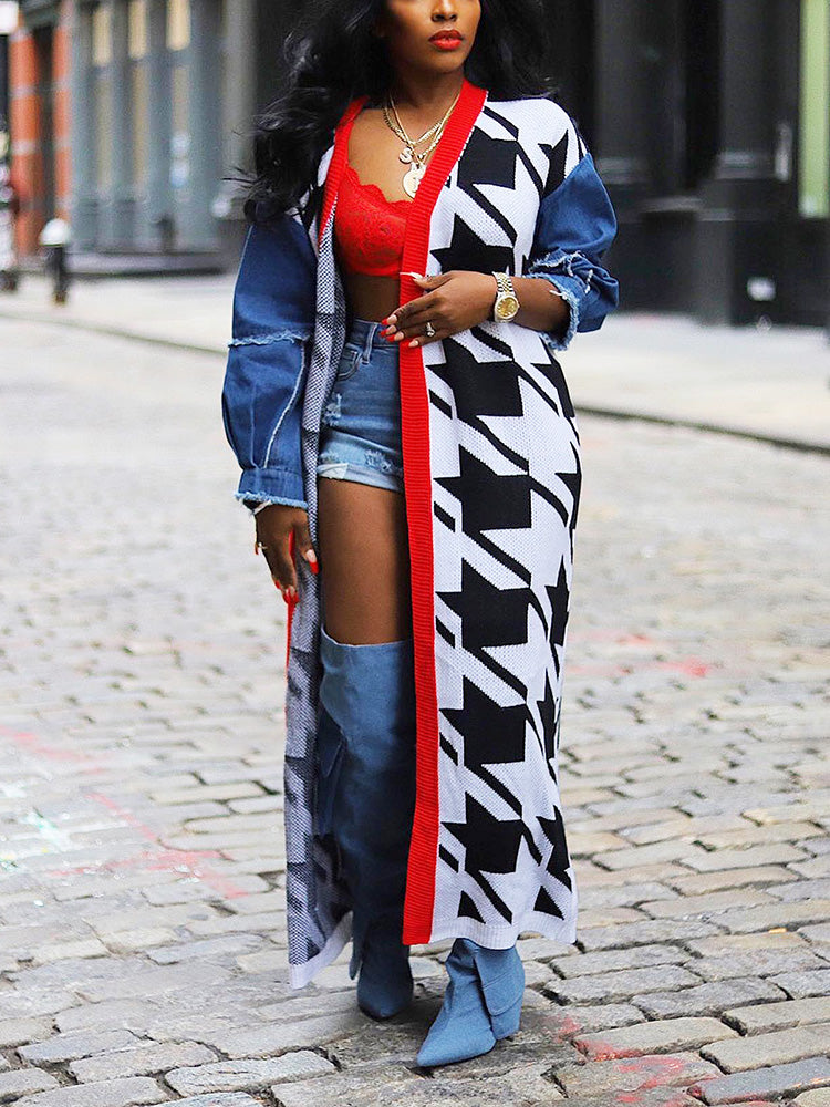 Denim Sleeve Houndstooth Cardigan Multicolor / S
