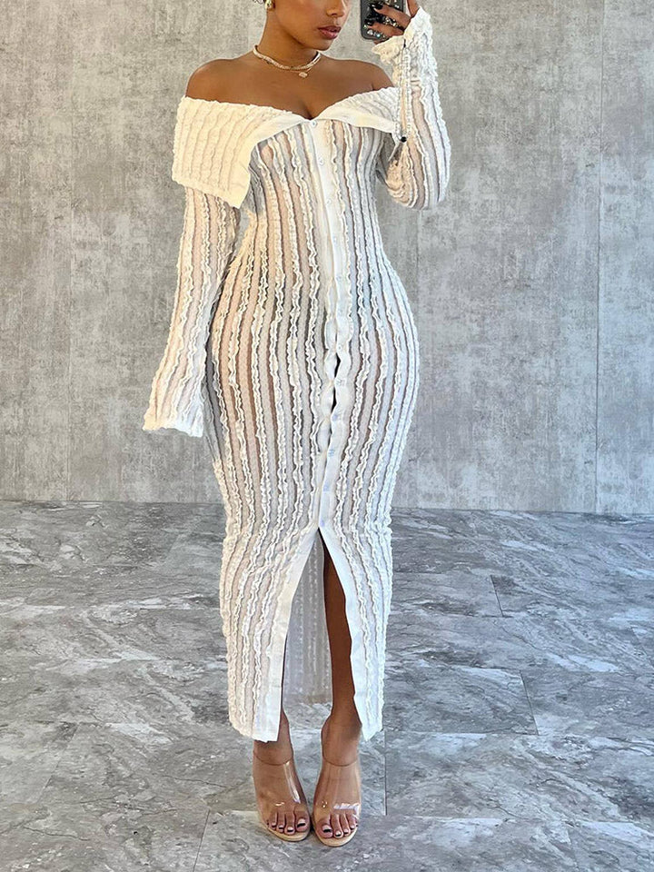 Off Shoulder Mesh Dress Blue / M