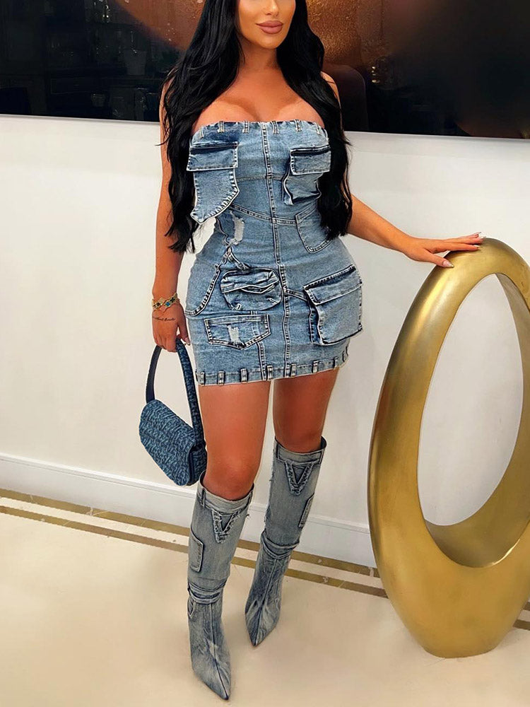 Strapless Denim Cargo Dress Blue / S