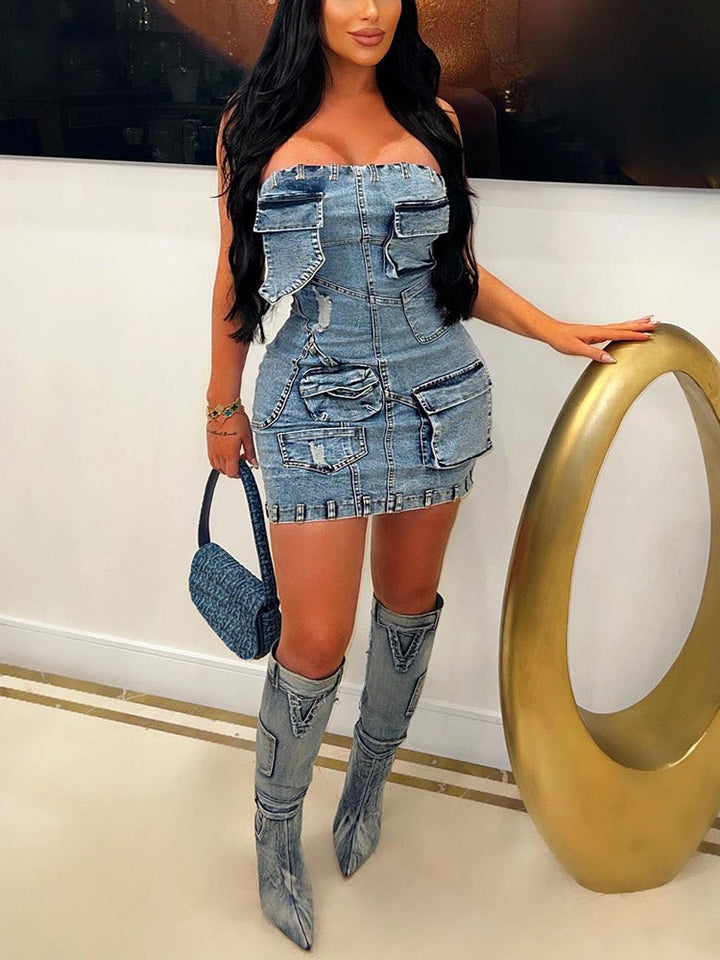 Strapless Denim Cargo Dress Blue / S
