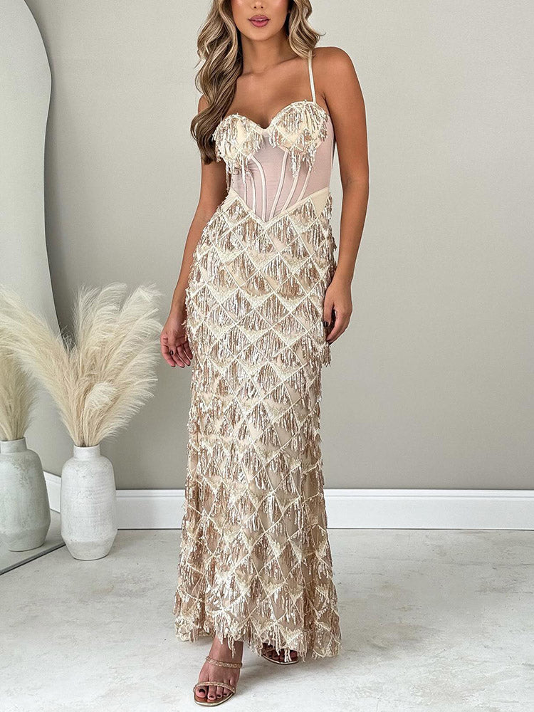 Sequin Fringed Gown Maxi Dress Champagne / 2XL