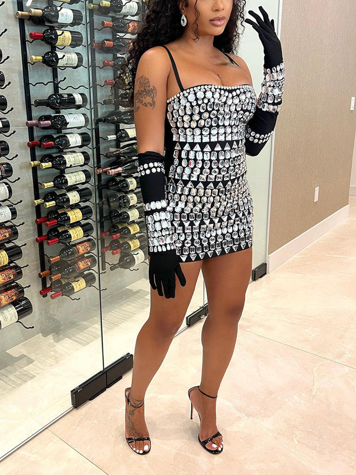 Gem Mini Dress Matching Gloves Black / L