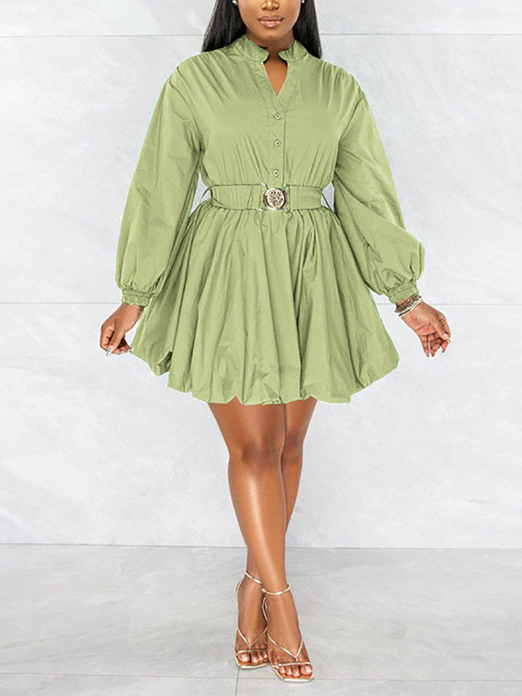 Belted Puffy Sleeve Solid Dress Light Green / L