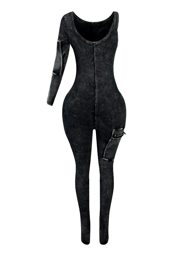 One-Shoulder Washed Jumpsuit *Black / XL