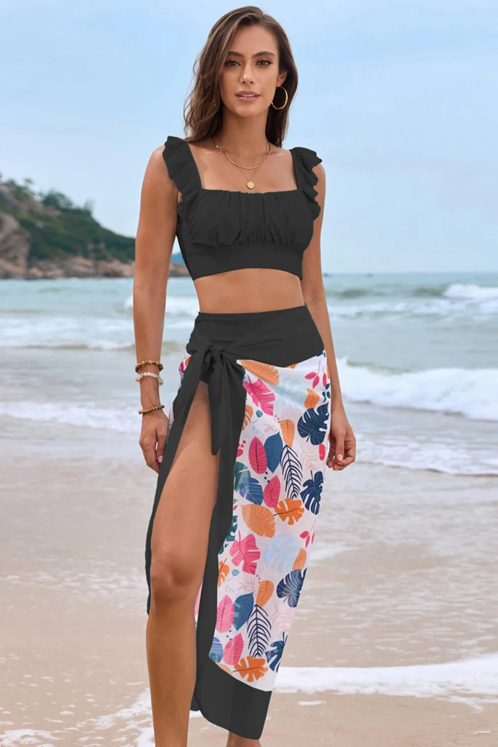 Ruffle Floral Print Swimsuit With Sarong