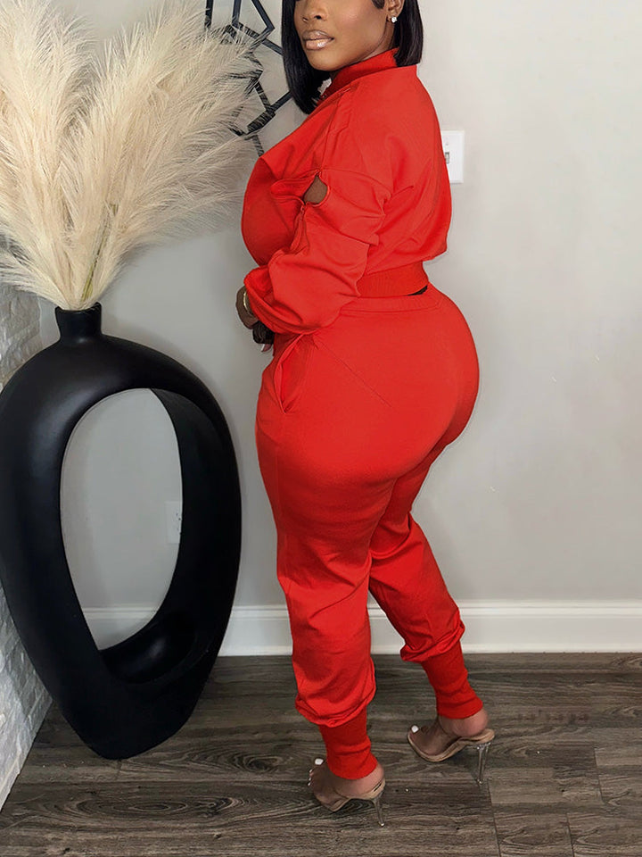 Zipper Crop Jacket Jogger Set Red* / L