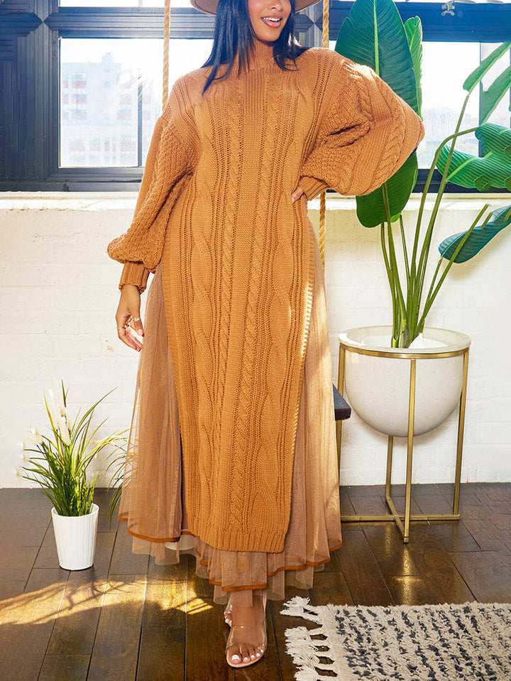 Knit Slit Sweater & Tulle Skirt Set Green / S