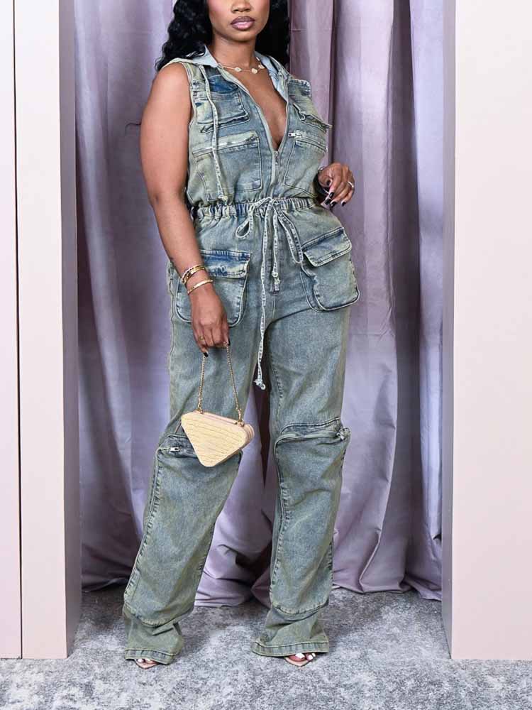 Vintage Hoodie Denim Jumpsuit Light Blue / M