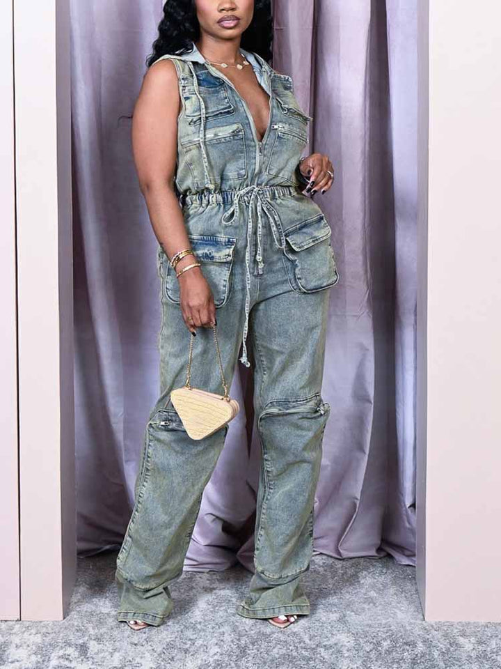 Vintage Hoodie Denim Jumpsuit Light Blue / M
