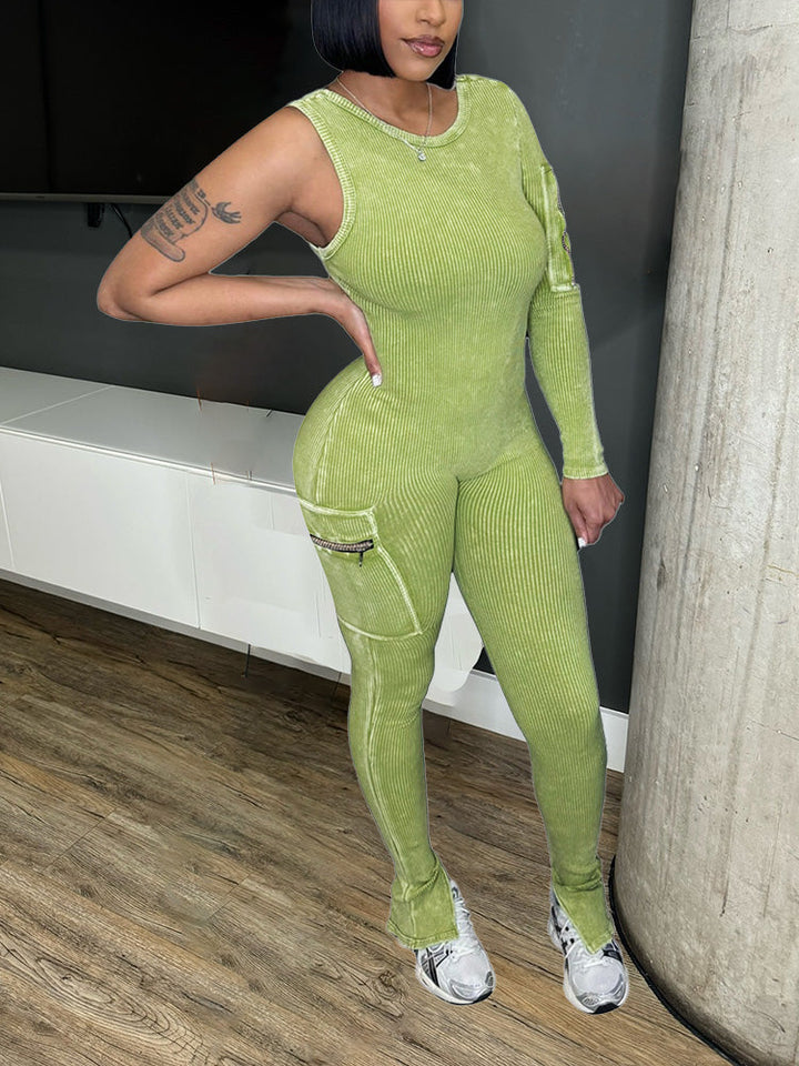 One-Shoulder Washed Jumpsuit Green / S