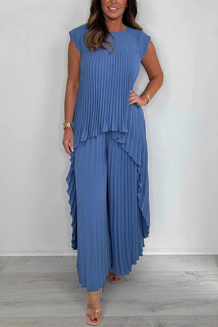 High-Low Pleated Tank Top Pants Sets
