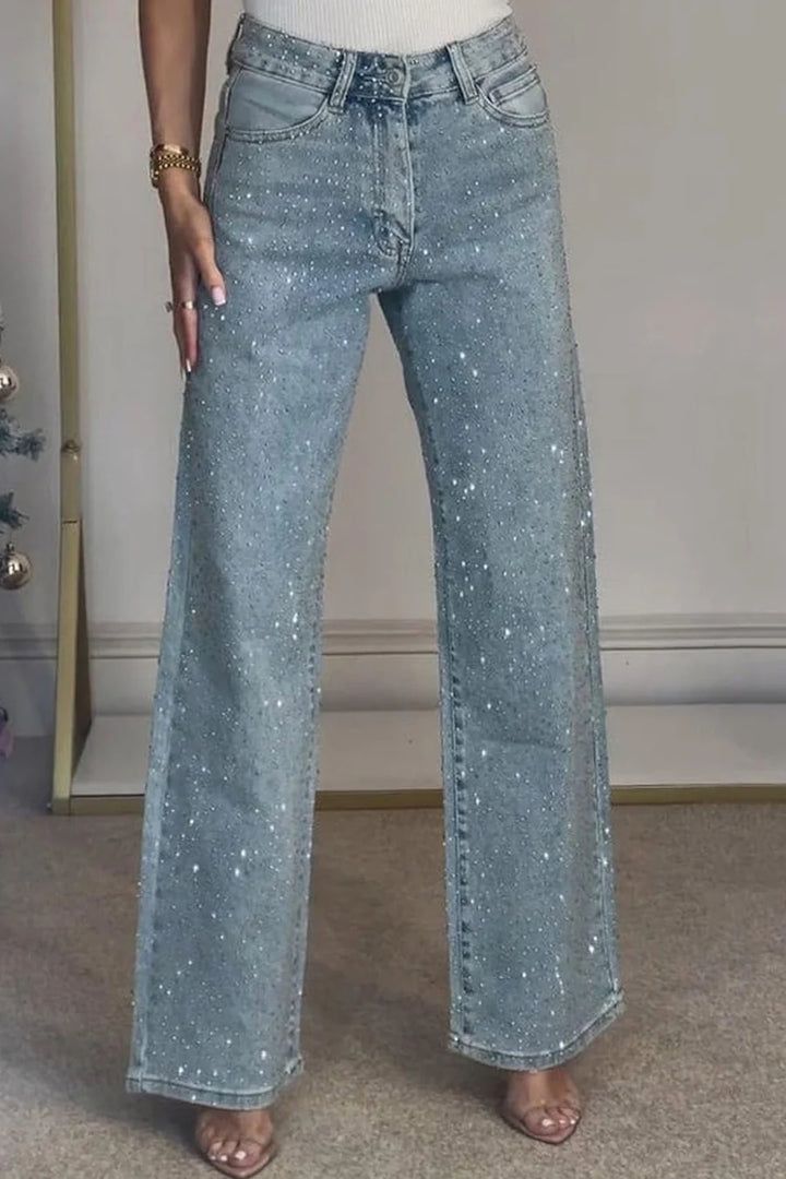 Rhinestone High Rise Straight Jeans