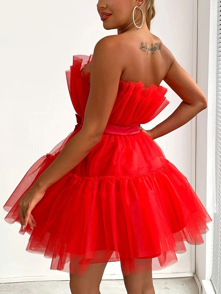 Bow Decor Layered Tulle Cocktail Dress Black / S