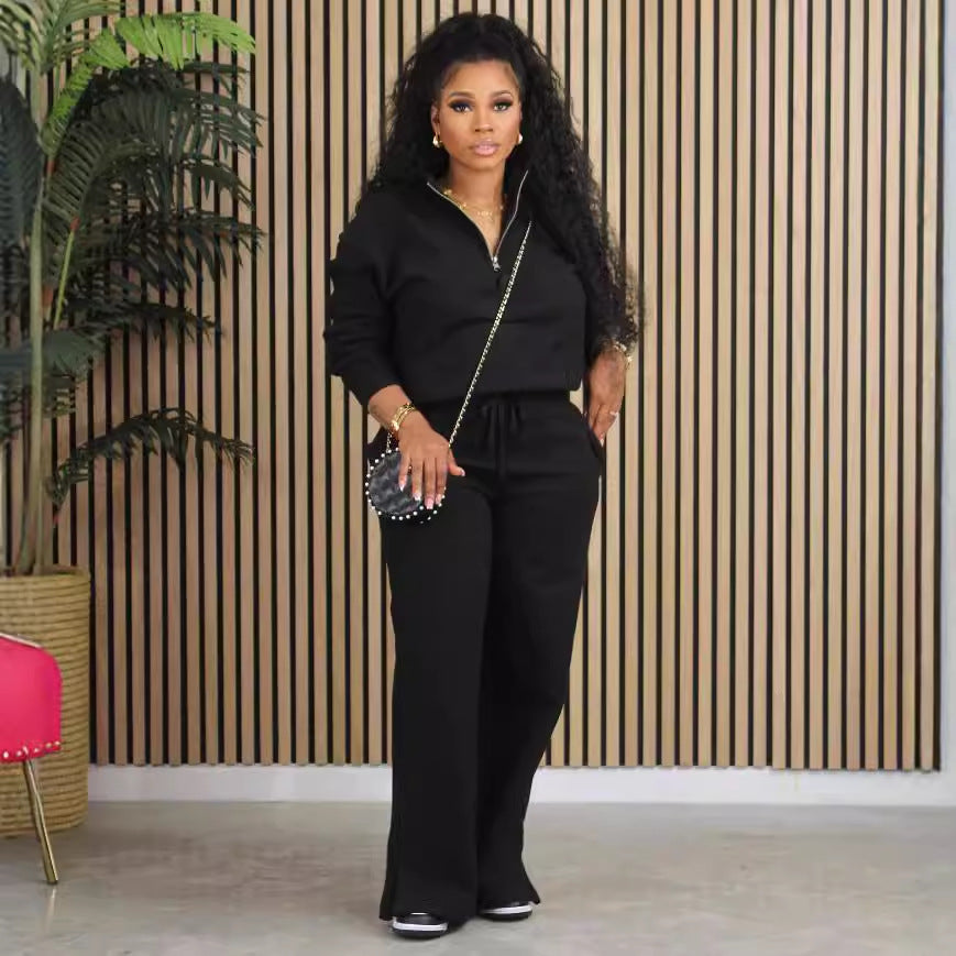 Loose Zipper Drawstring Pants Sweatshirt Set