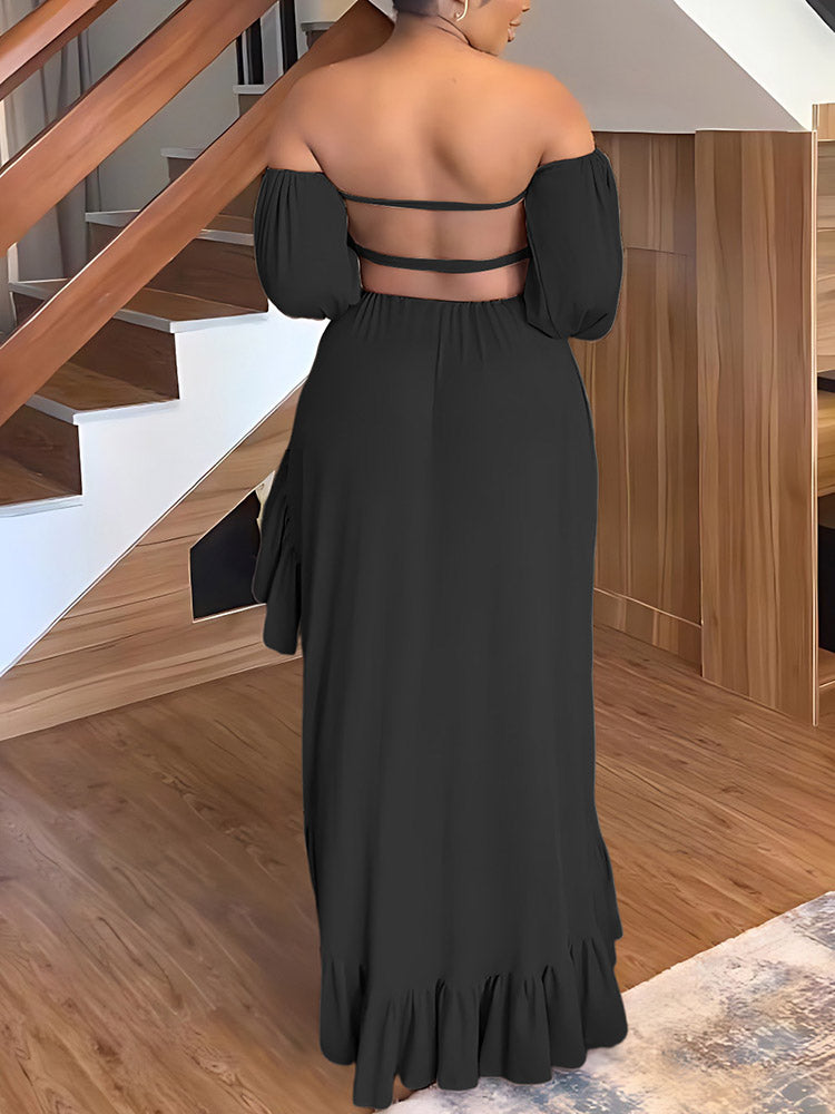 Asymmetrical Ruffle Slit Dress Black / S