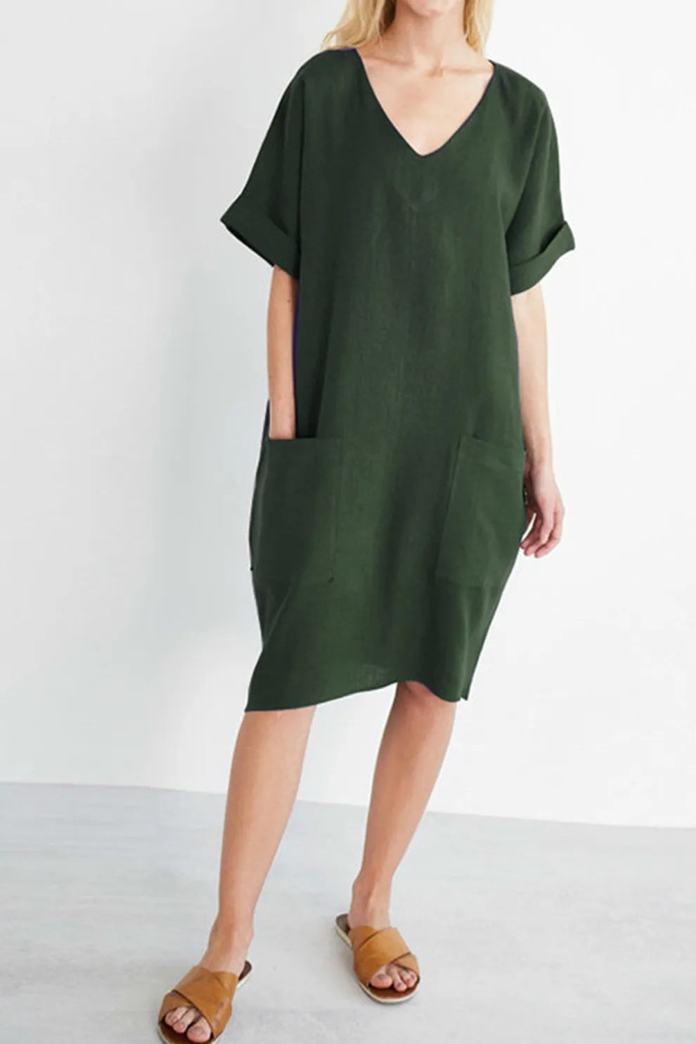 V Neck Short Sleeve Pocketed Cotton Dress