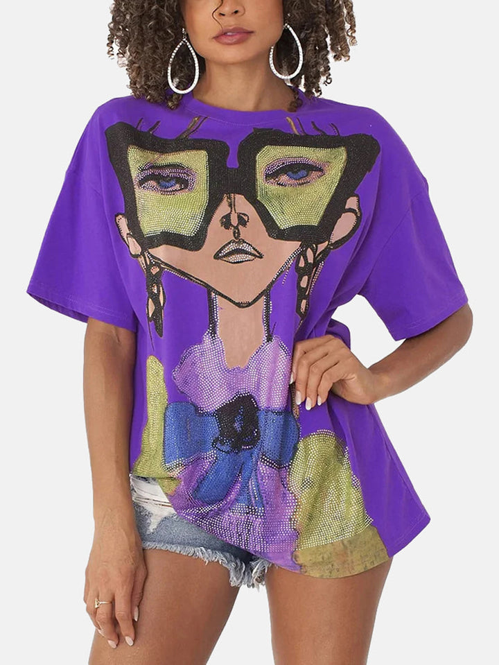 Rhinestones Embellished Casual Tee Black / M