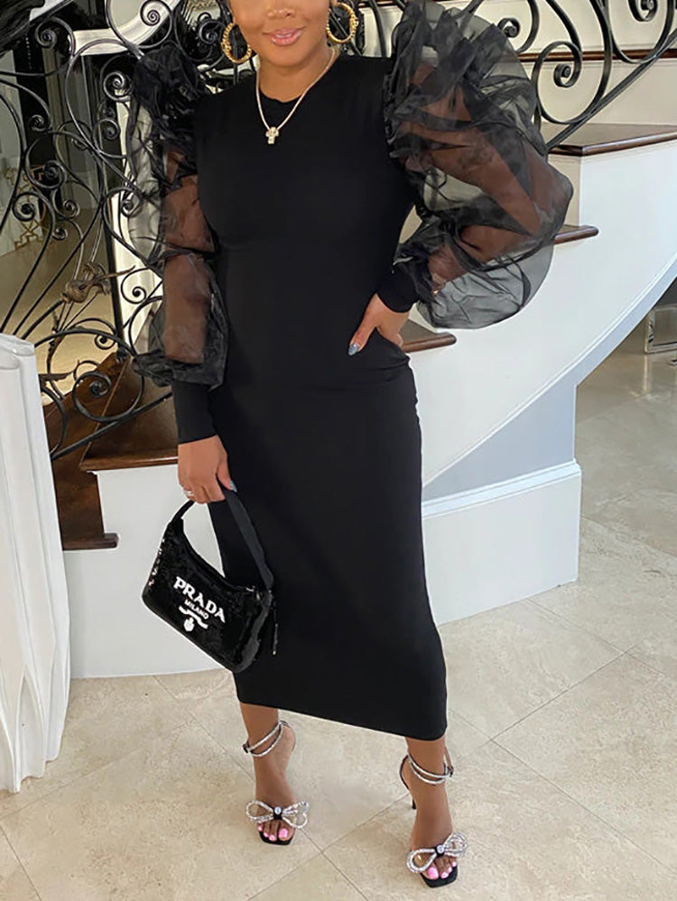Elegant Puff Sleeve Maxi Dresses Black / L