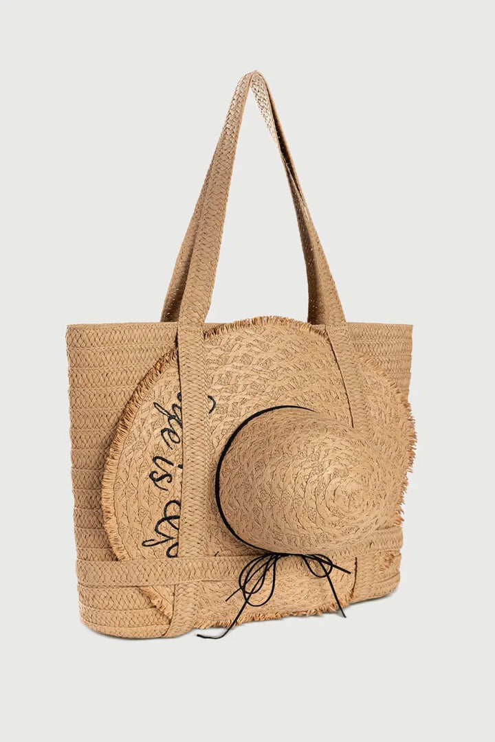 Handmade Solid Color Straw Bag With Hat