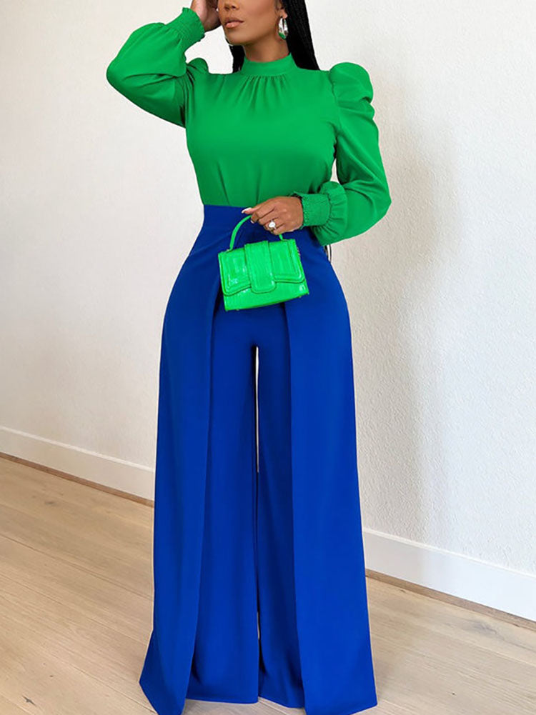 Puff Sleeve Back Ties Tops Green / L