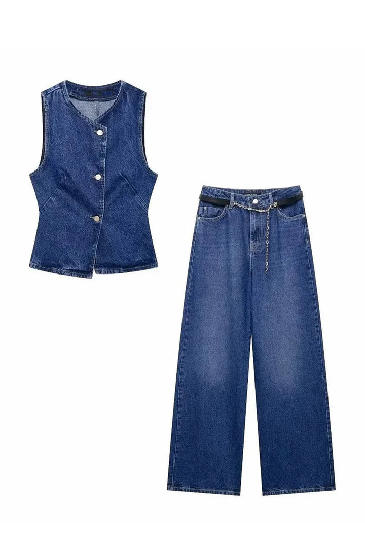 Denim Tank Top Wide Leg Jeans Sets