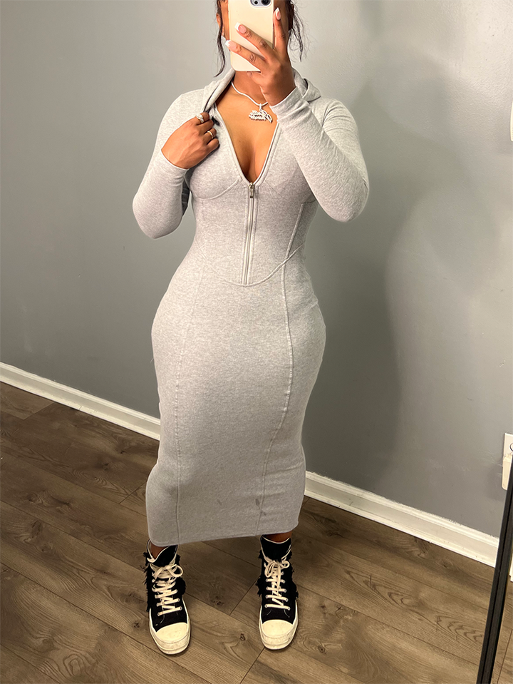 Hoodie Zip Bodycon Dress Gray / L