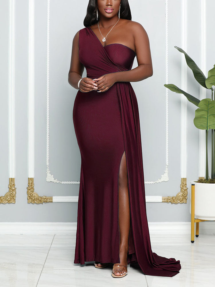 One Shoulder Slit Wedding Dress Burgundy / S