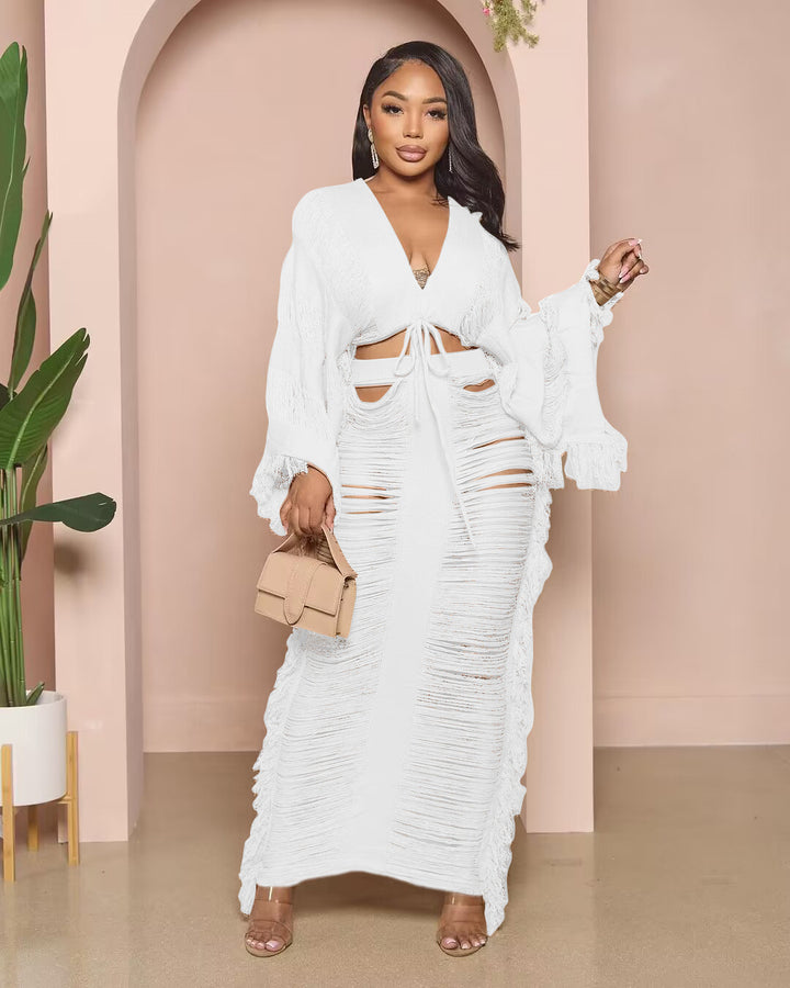Casual Knit Tie-Front Long-Sleeve Dress Set