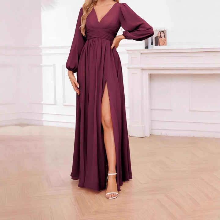 Solid-Color V-Neck Slit Elegant Evening Gown Dress
