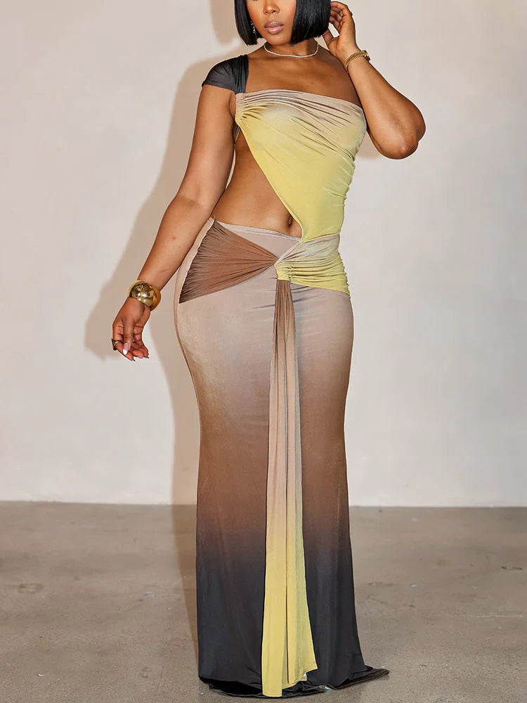 Ombre Ruched Cutout Maxi Dress
